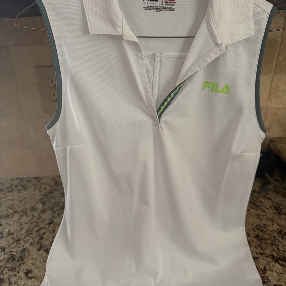 Fila White Sleeveless Golf Polo with Lime Logo Accent Size S